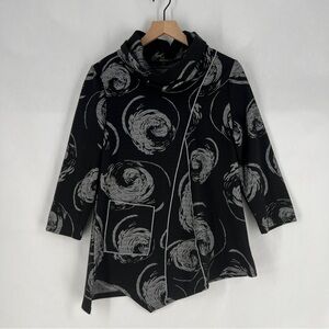 Radzoli Swirl Print Stretch Crepe Artistic 3/4 Sleeve Cowl Neck Asymmetric Tunic